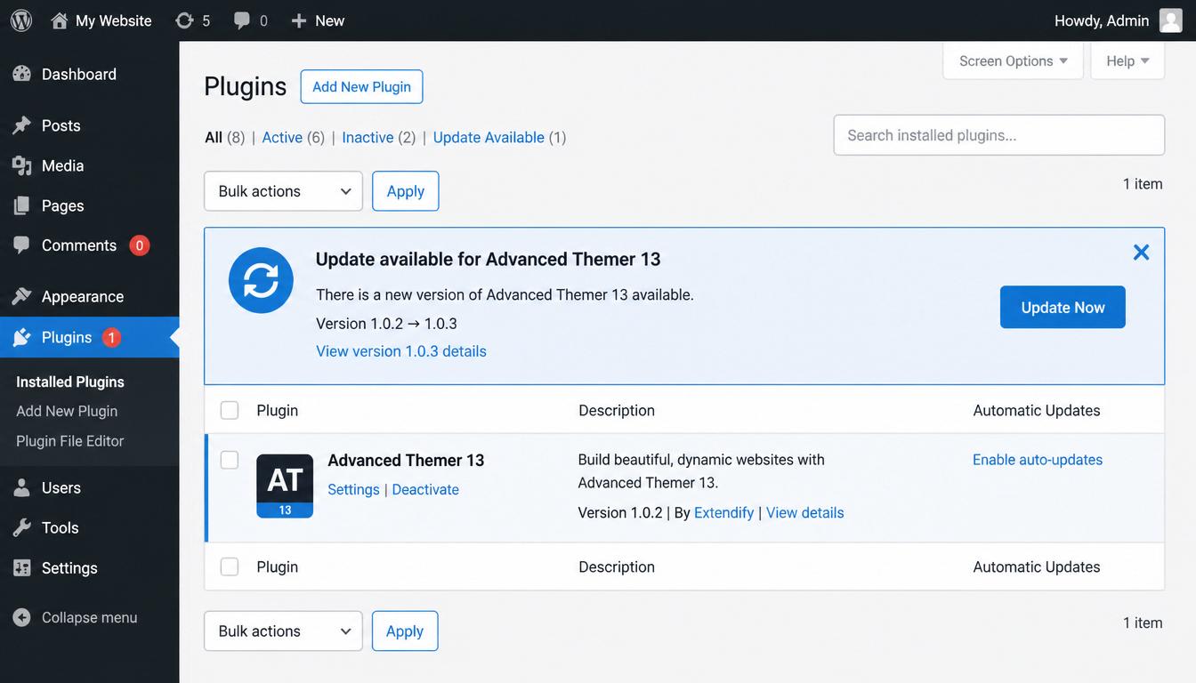 WordPress Plugins Screen with Update Notification