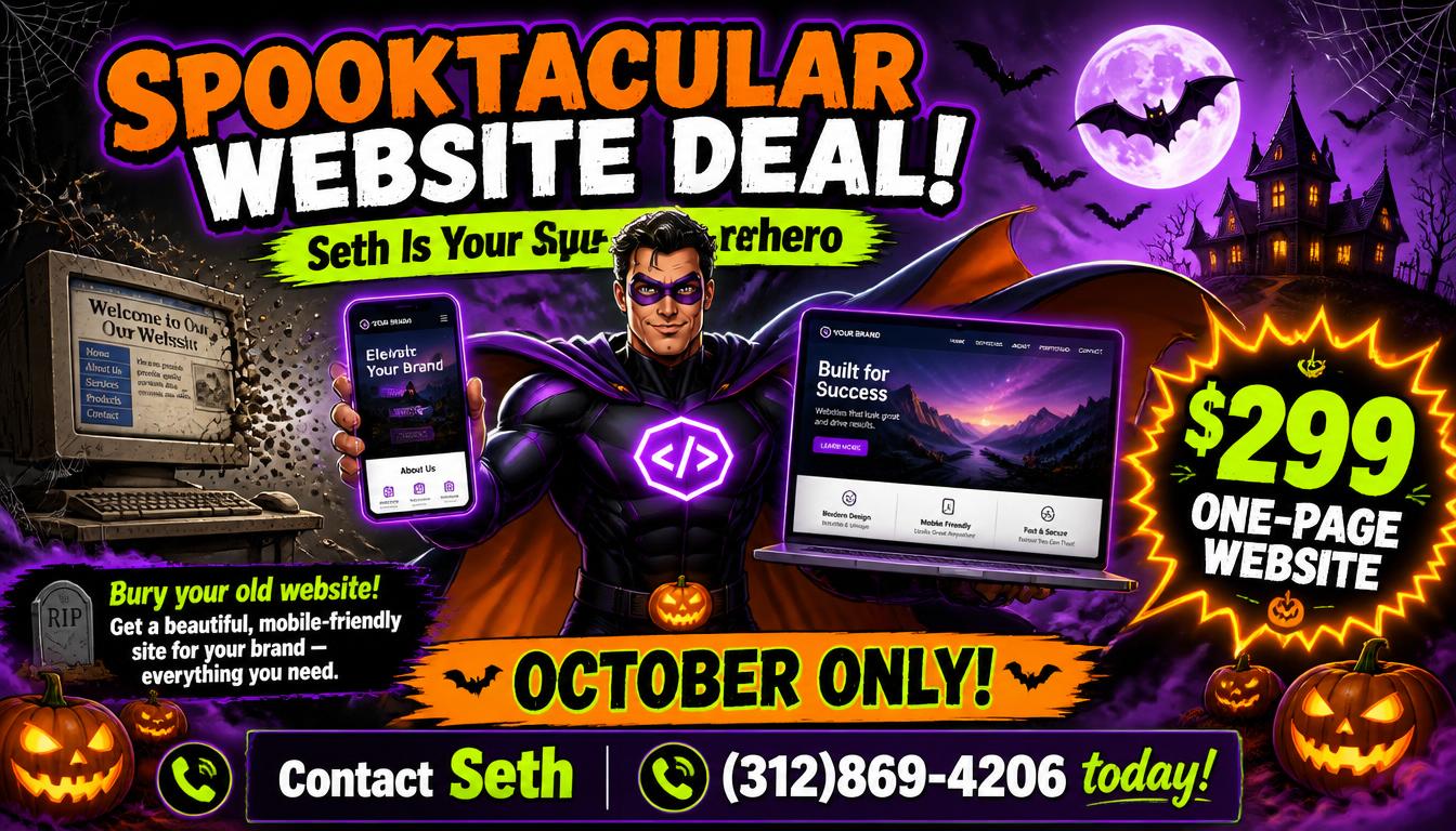 Spooktacular Website Deal โ Seth Is Your Superhero โ $299 One-Page Website, October Only
