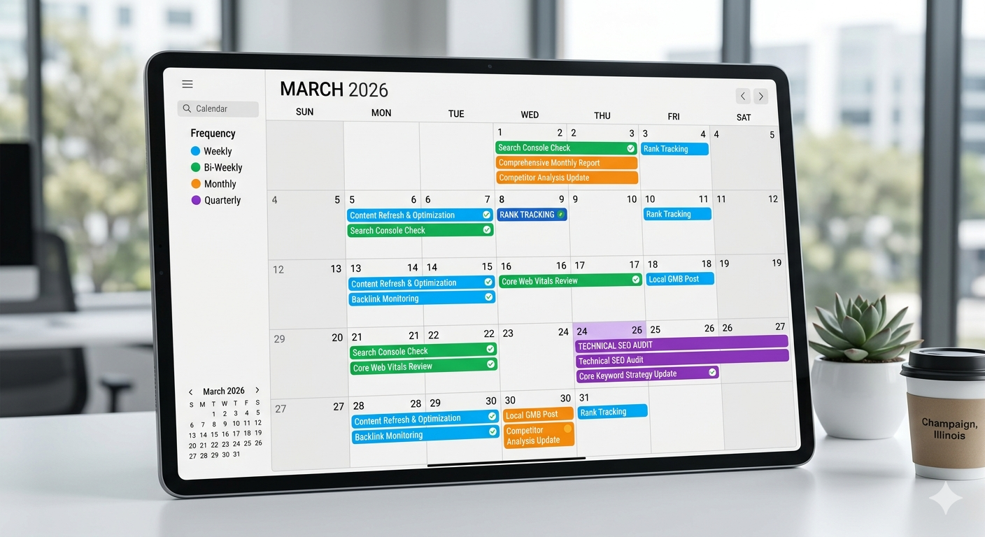 Calendar showing SEO maintenance schedule with color-coded recurring tasks