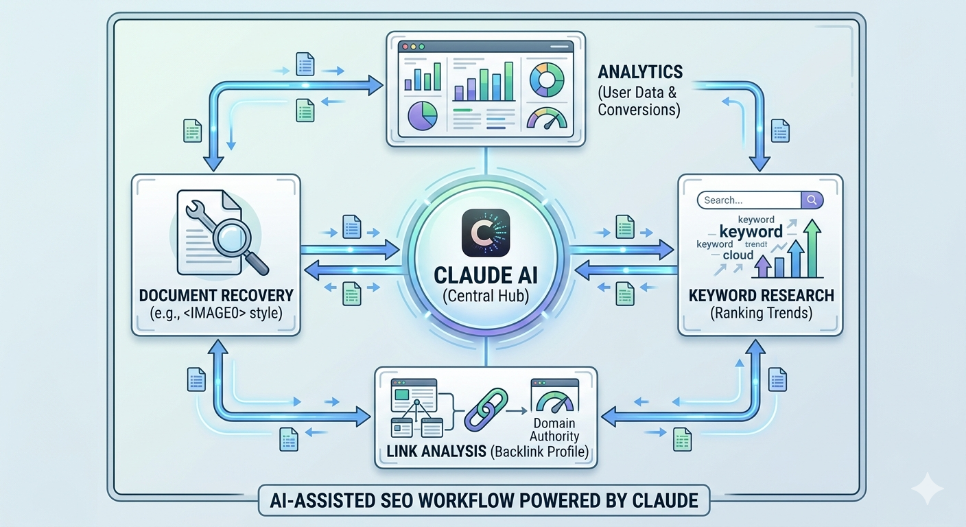 SEO workflow diagram showing Claude AI at center connected to optimization tasks