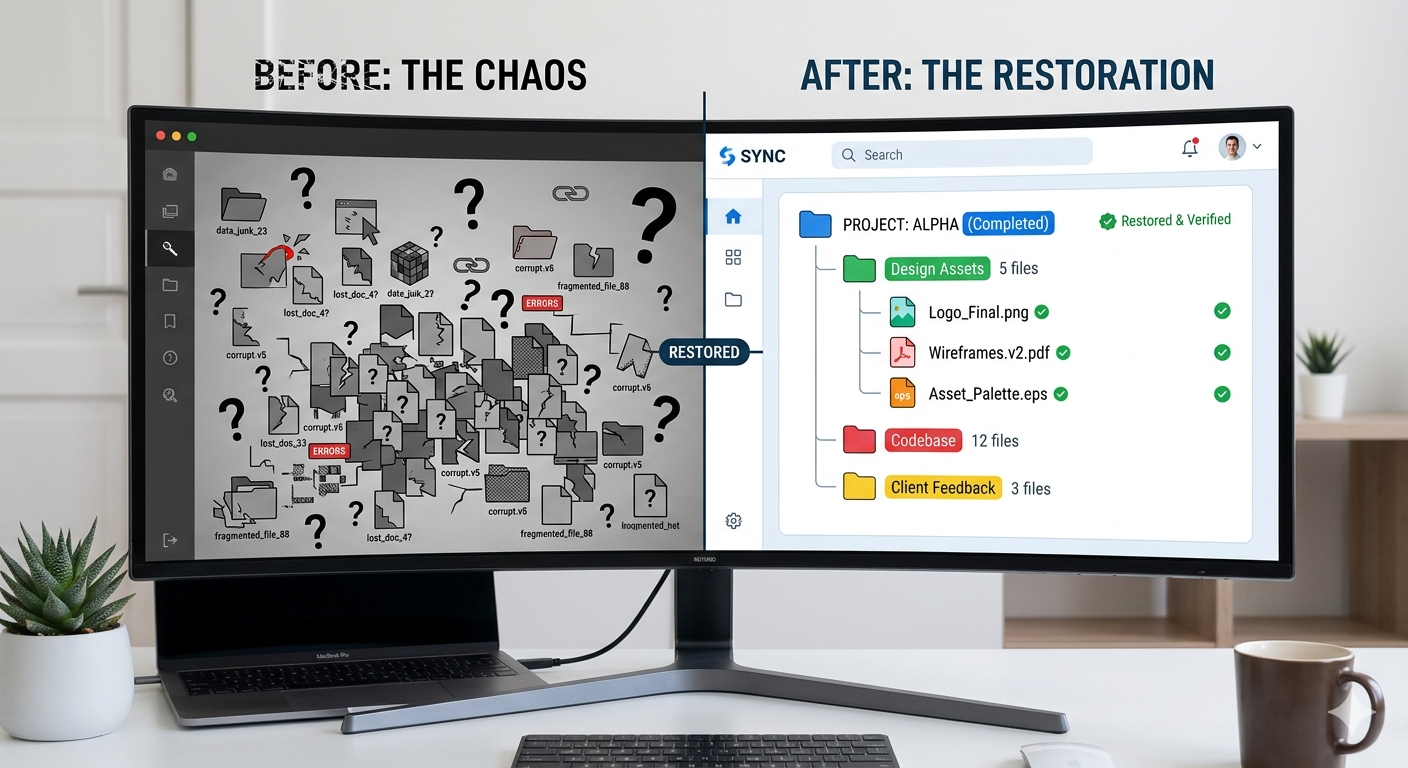 Before and after workspace recovery showing fragmented files and organized project structure