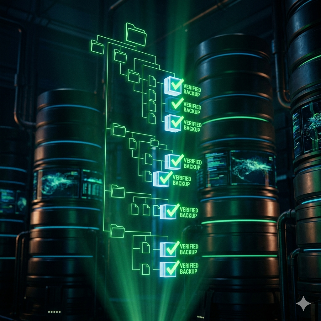 Digital database backup verification with nested file directories and green checkmarks