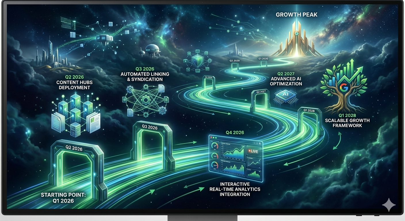 Futuristic roadmap visualization showing future SEO improvements as milestones