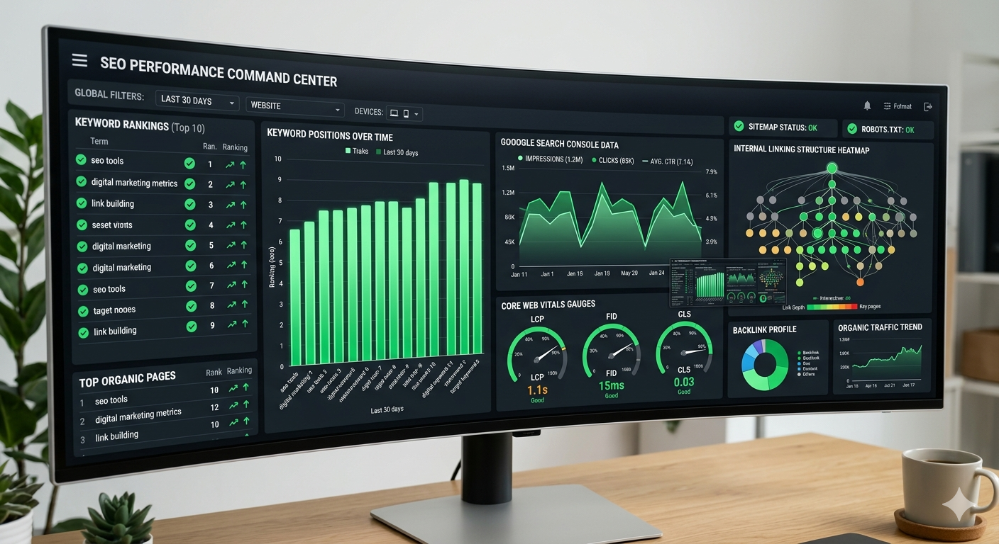 Modern SEO analytics dashboard with Core Web Vitals and keyword rankings