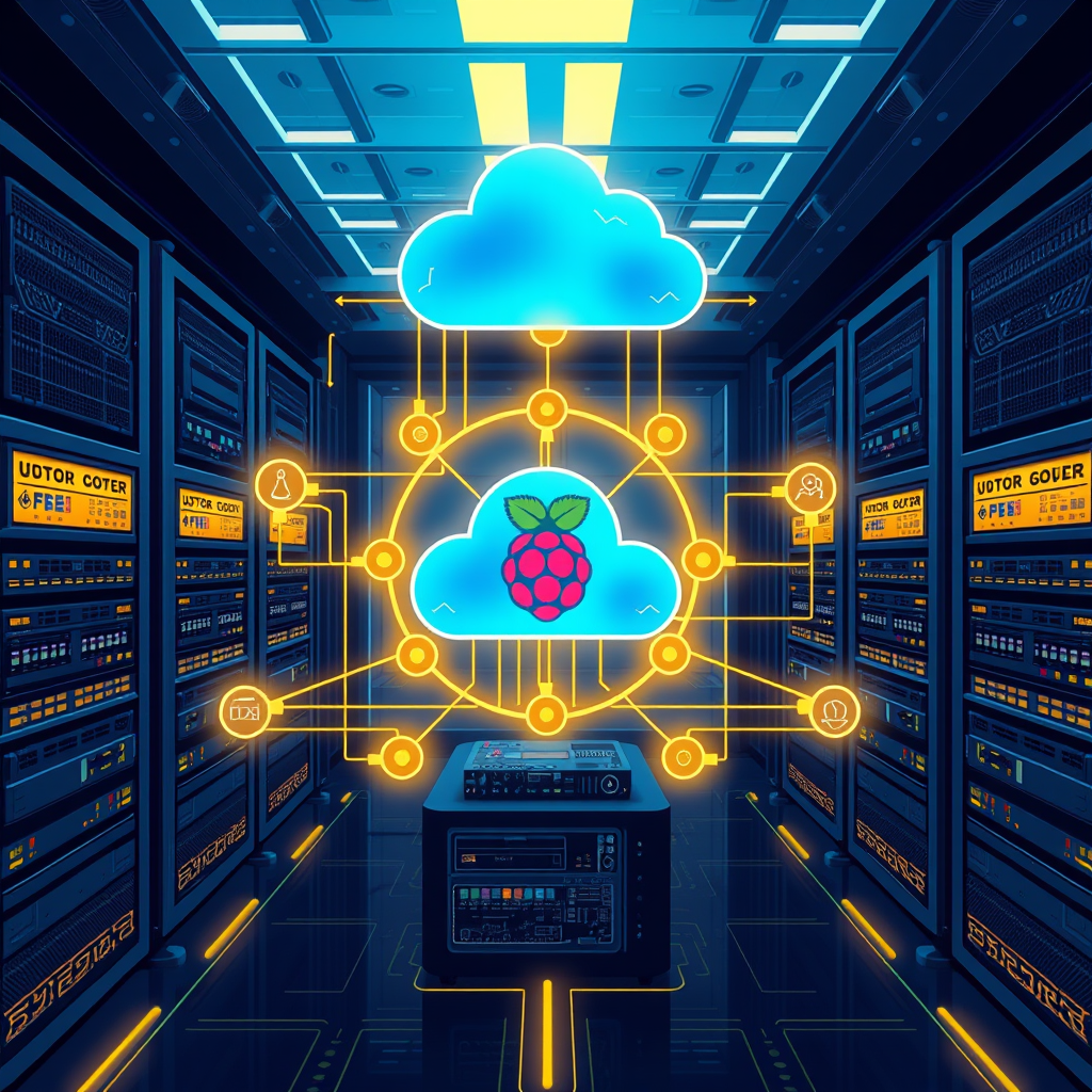 Futuristic AI agent ecosystem with multiple servers and cloud integration