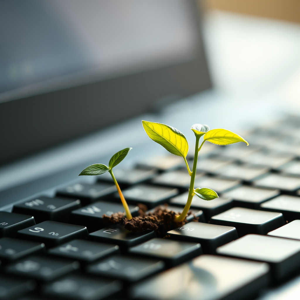 SEO growth plant growing from keyboard