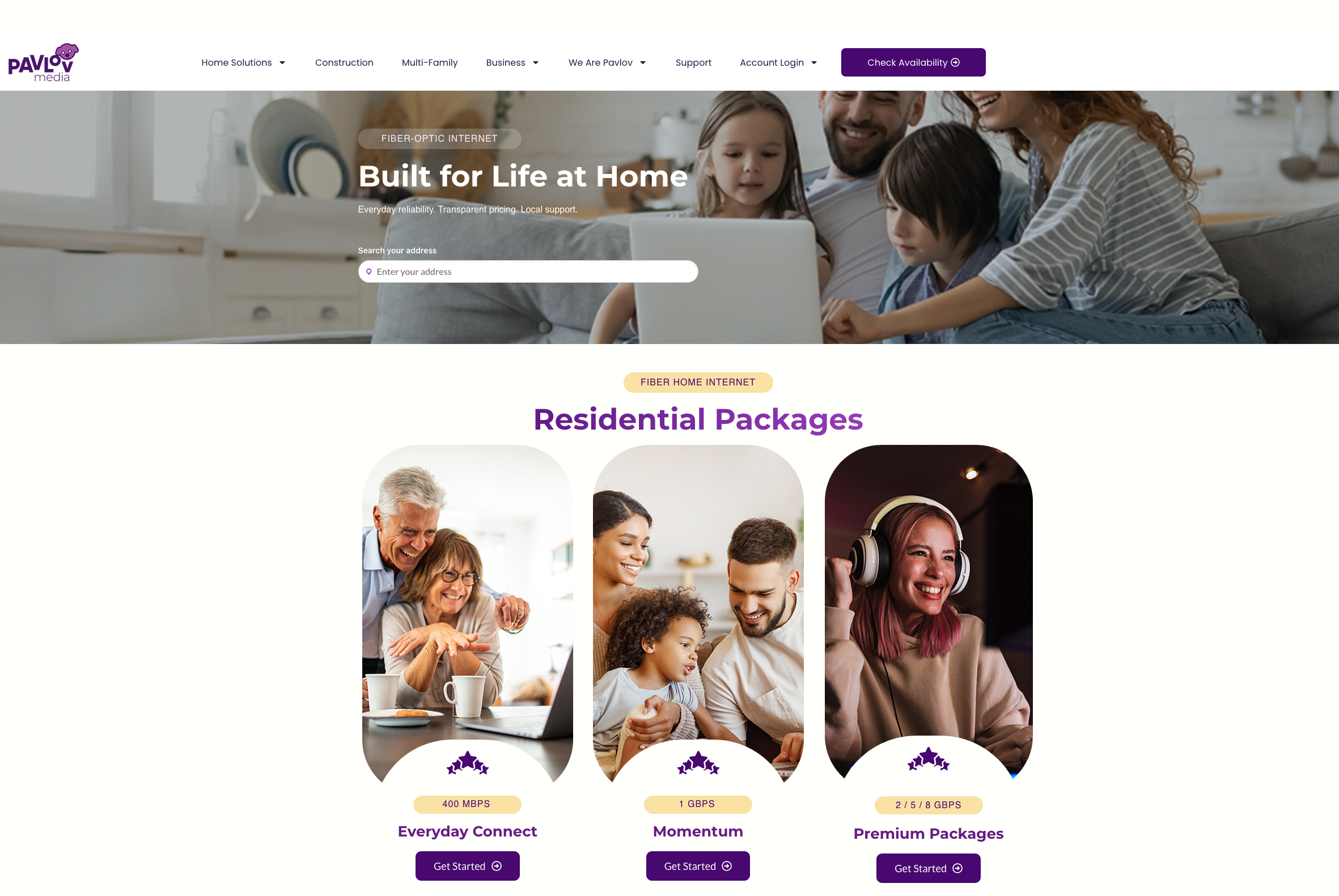 New Pavlov Media homepage — bright lifestyle family photo hero with Built for Life at Home headline, address search bar, single clean nav with Check Availability CTA