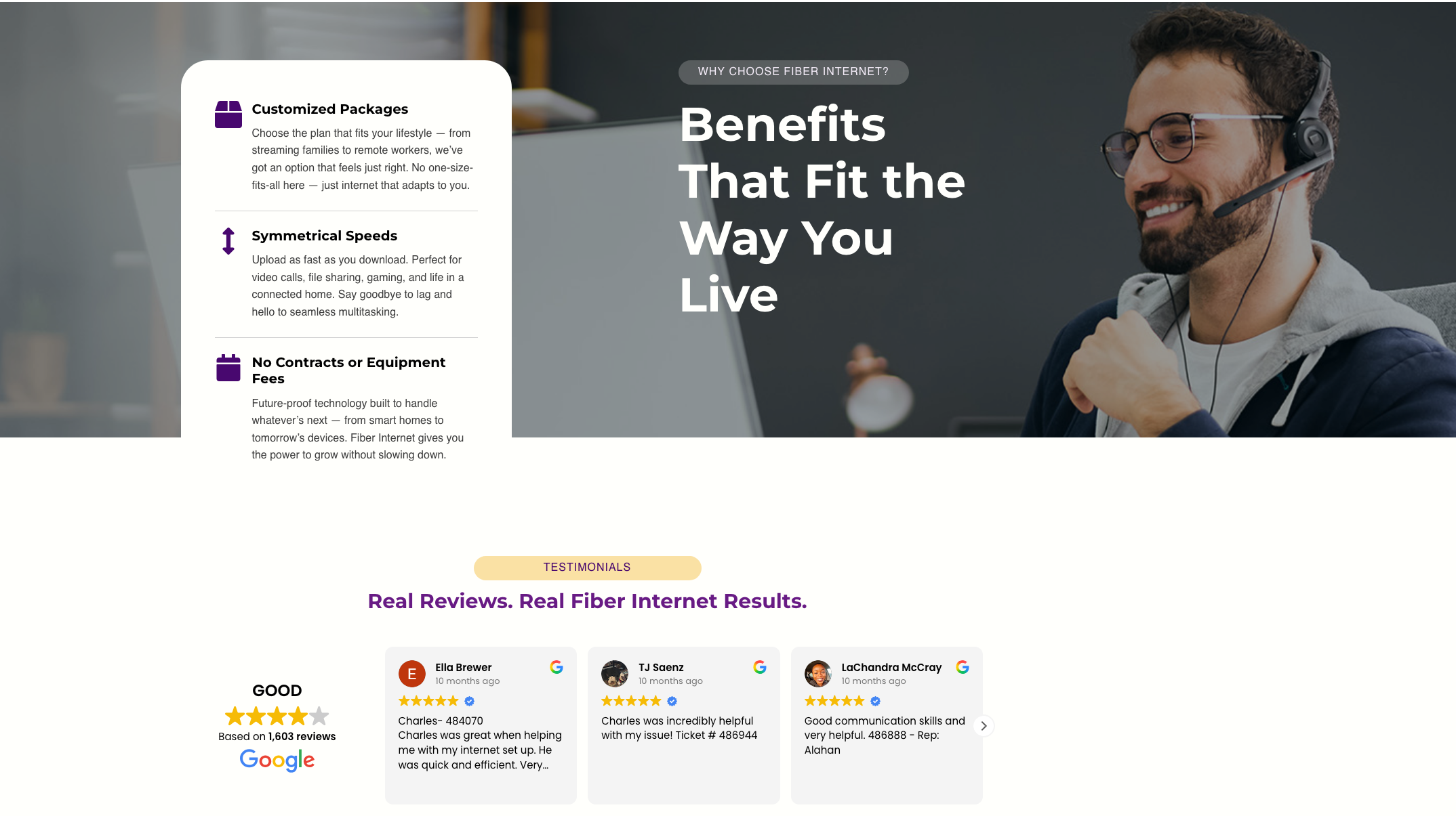 New site benefits split section and Google reviews carousel