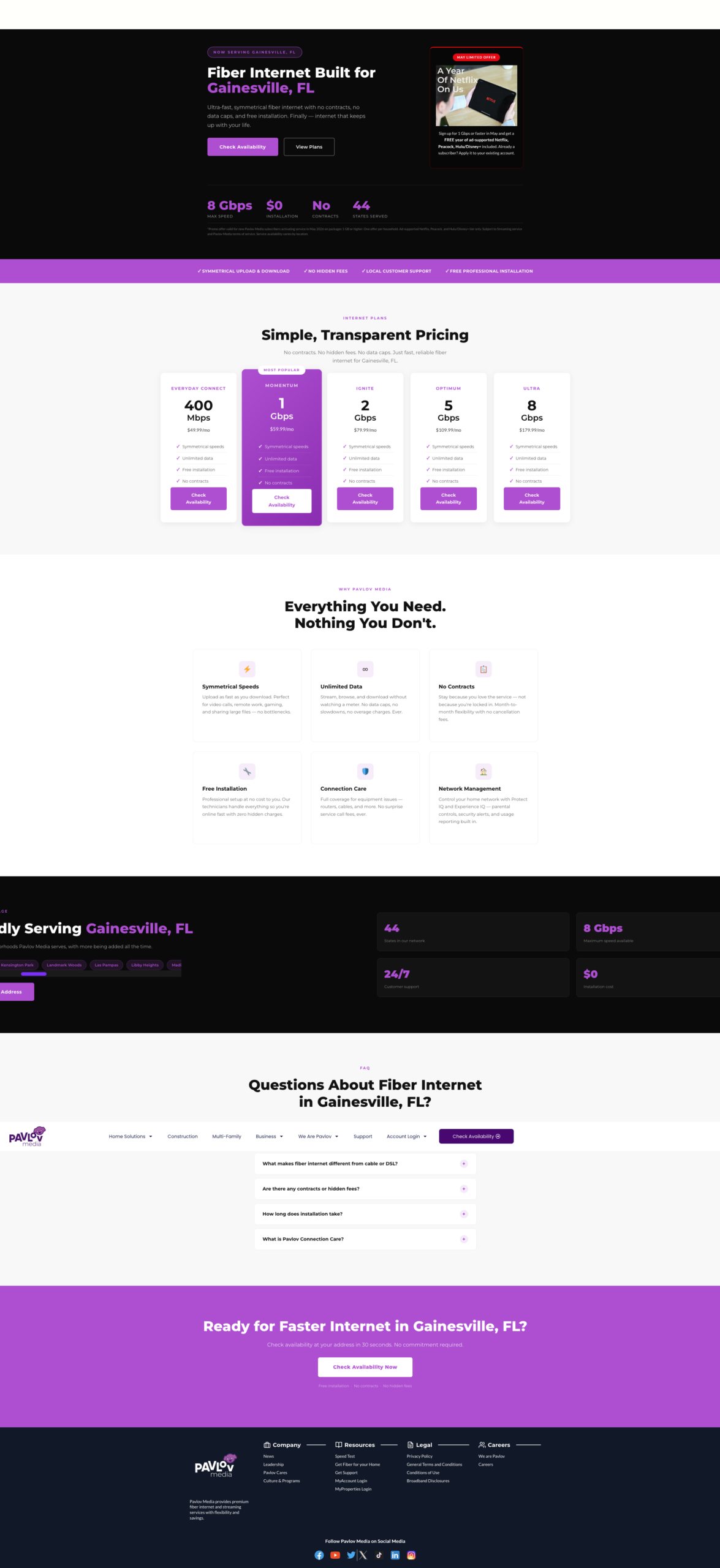Pavlov Media geo-targeted fiber internet landing page for Gainesville FL — custom city-specific hero, local imagery, address lookup CTA