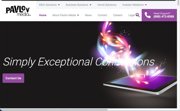 Old Pavlov Media homepage — dark hero with glowing tablet illustration, Simply Exceptional Connections tagline, double nav stack