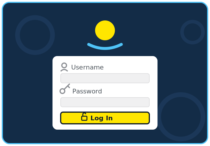 Branded login screen mockup with logo, field icons, and yellow login button