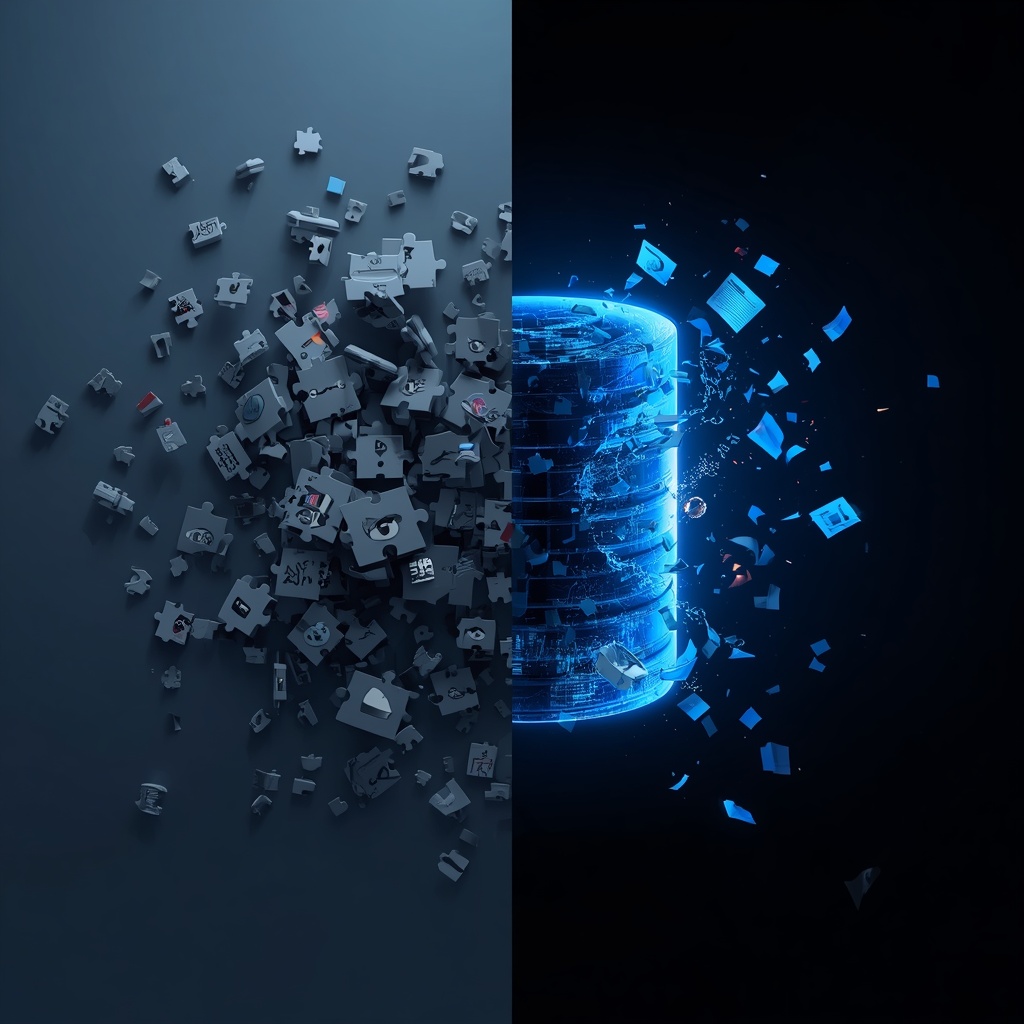 Split scene: a website interface reassembling from puzzle pieces while a database shatters into an unrecoverable void